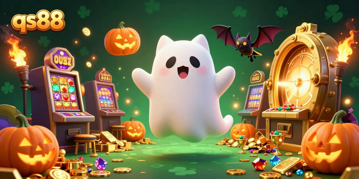 Experience the thrilling atmosphere of qs88 with a ghost cat, vampire bat, and glowing loot in a casino.