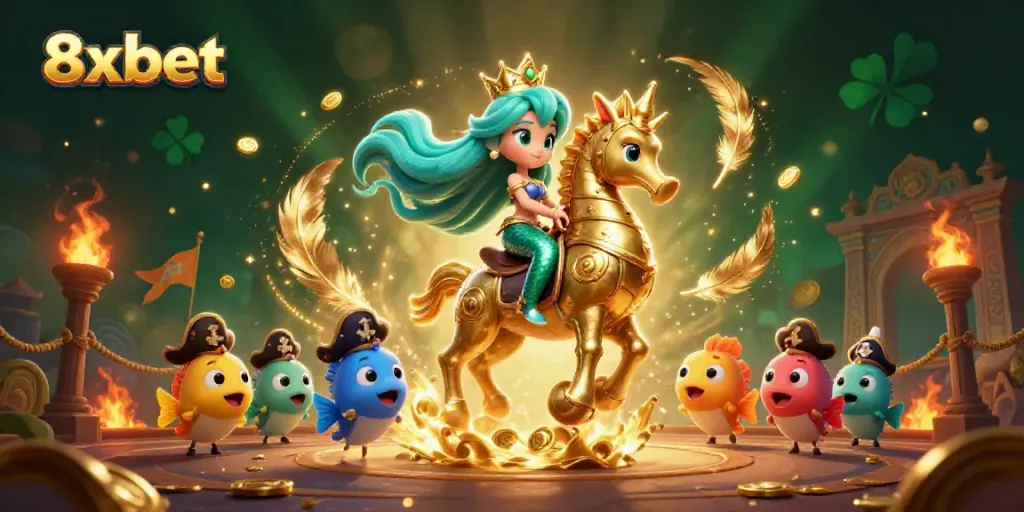 Experience excitement at 8xbet with a vibrant illustration of a mermaid princess and seahorse in a dazzling casino setting.