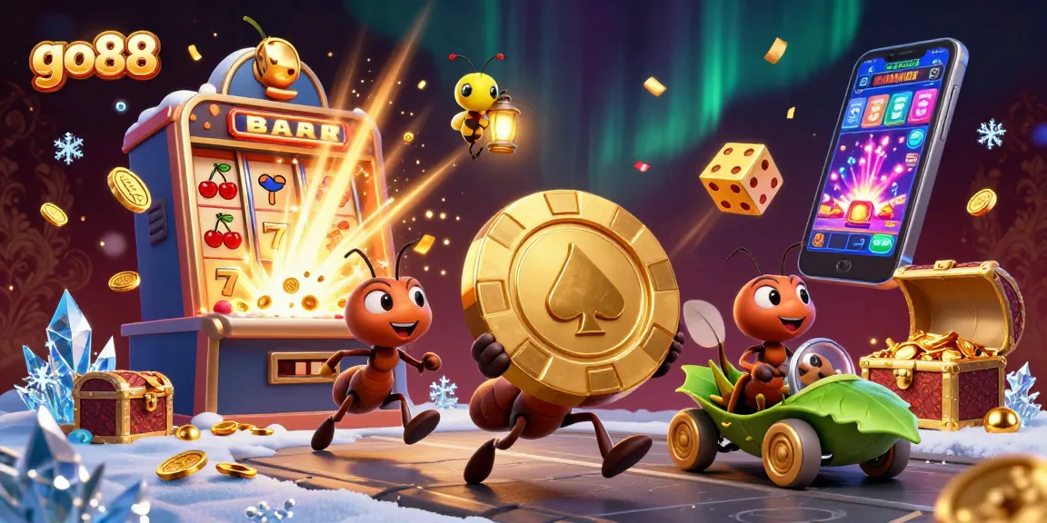Experience the excitement of go88 as ants carry a gigantic poker chip amidst vivid casino elements.