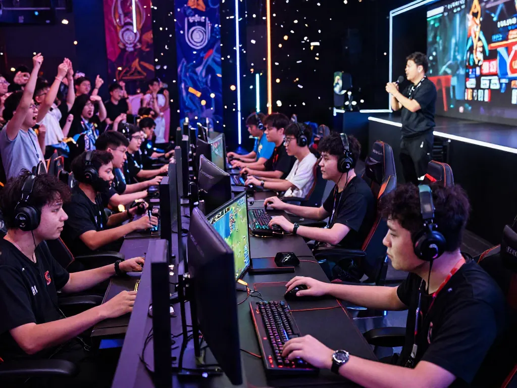 Exciting 78win esports competition scene with players, vibrant lights, and cheering fans.