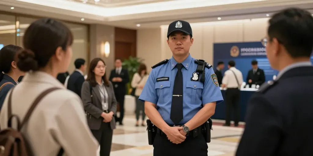 A reliable security guard ensuring safety at a corporate event while representing a trusted local service provider.