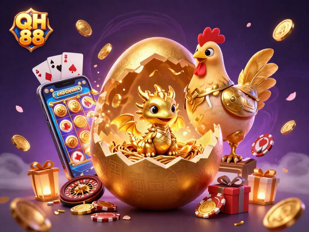 Play exciting casino games at QH 88 with a dazzling golden dragon and poker chips in a vibrant 3D scene.
