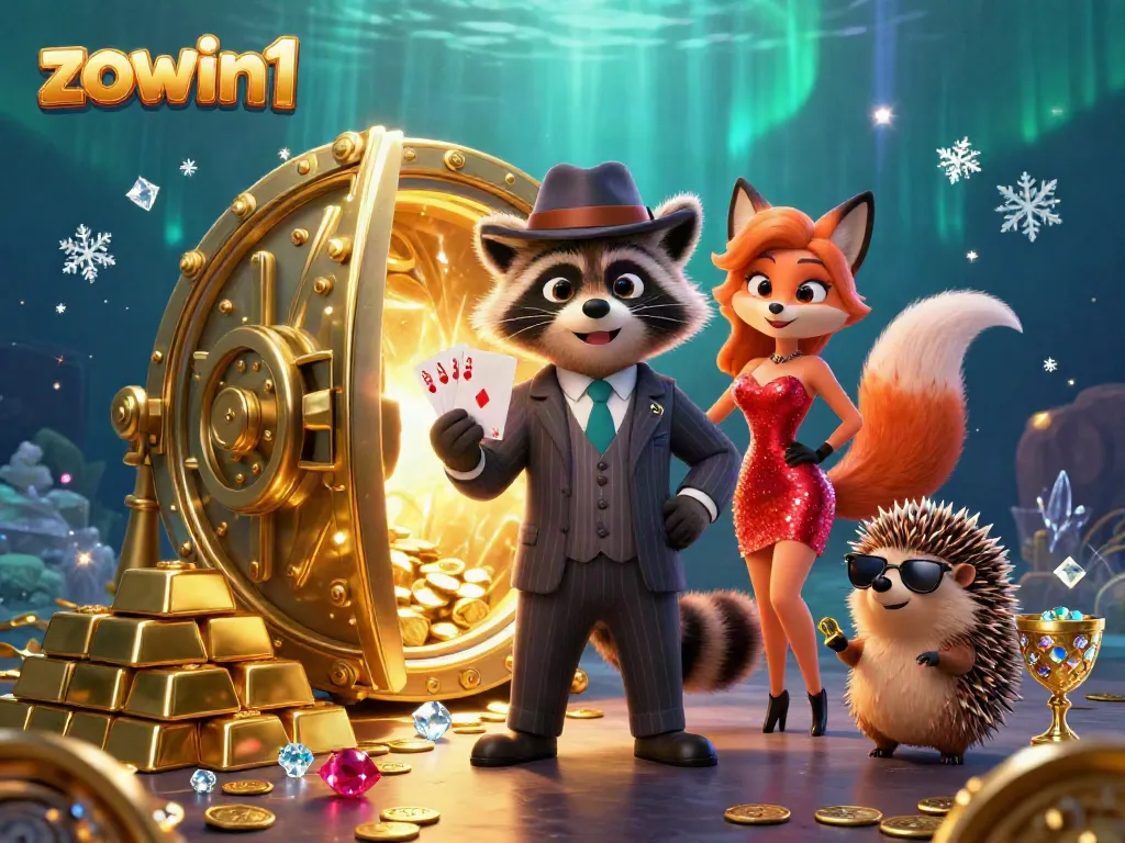Experience the thrill of gambling with zowin1 as raccoon, fox, and hedgehog celebrate with gold treasures and jewels.