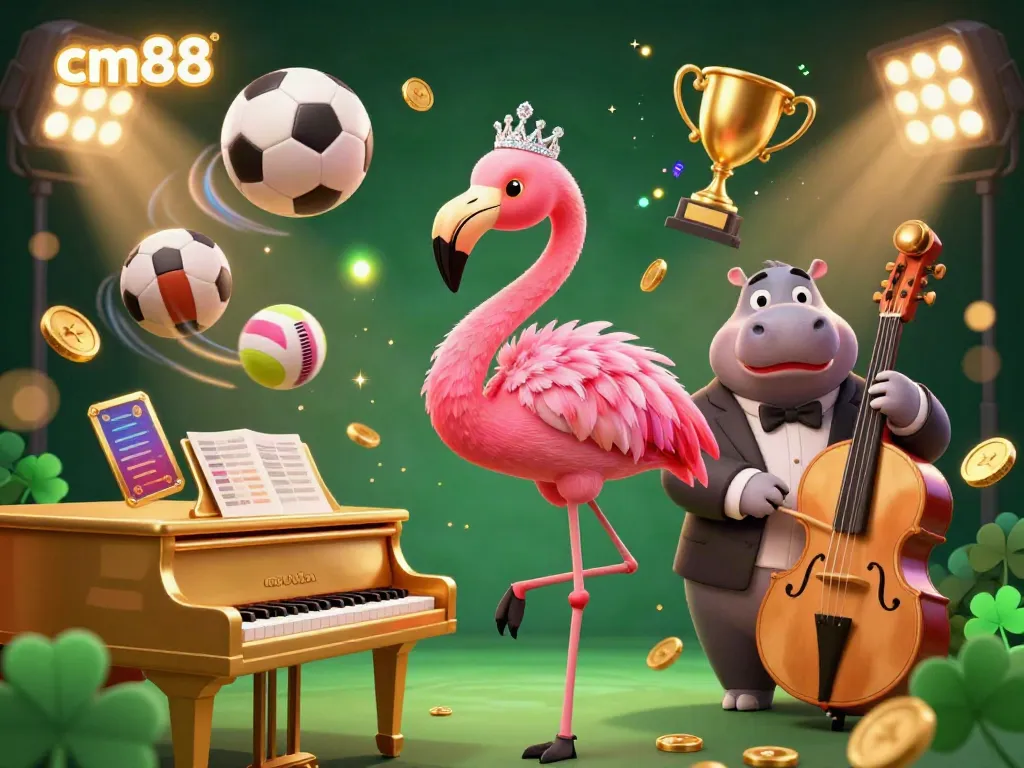 Engage with cm88 in a vibrant casino scene featuring a charismatic flamingo singer and a stylish hippo bassist.