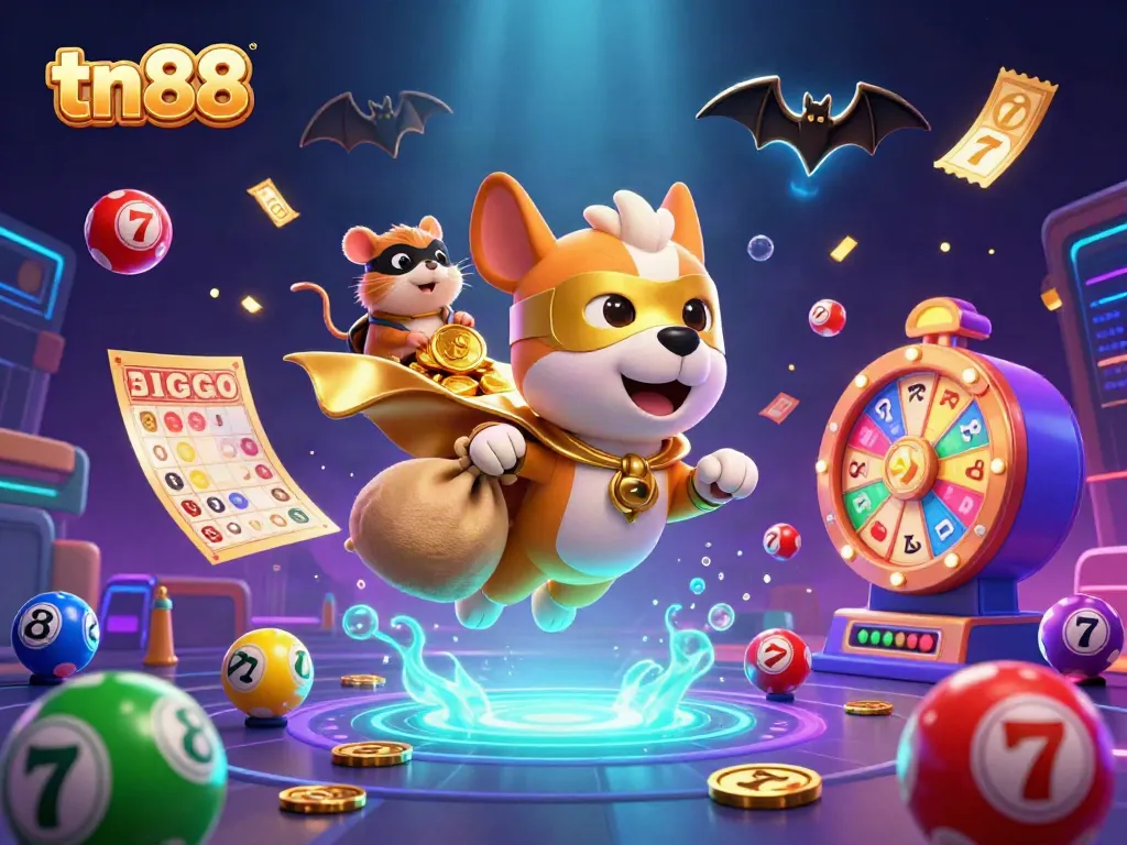 Exciting tn88 gaming experience featuring a superhero dog and hamster amidst colorful casino elements.