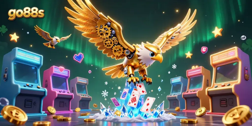 Experience the thrill of go88s with a cybernetic eagle soaring above holographic cards in a vibrant digital casino scene.