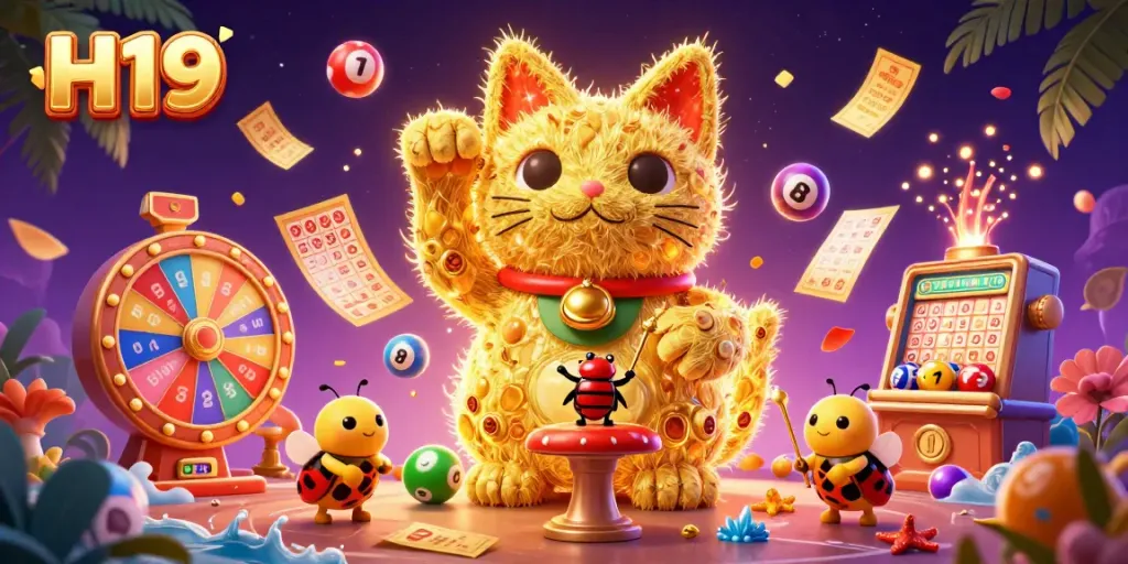 Experience H19's vibrant casino magic with a lucky cat and lottery elements.