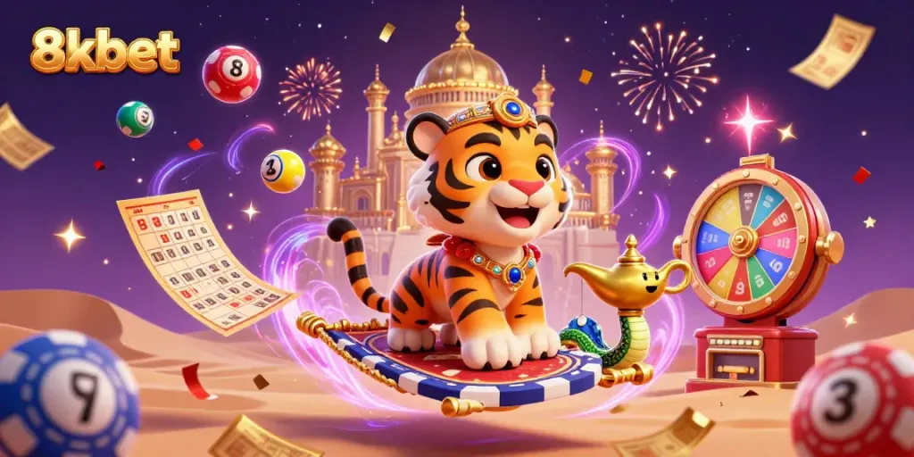 8xbet showcases a vibrant gaming scene with a dynamic sultan and colorful lottery elements, perfect for casino enthusiasts.