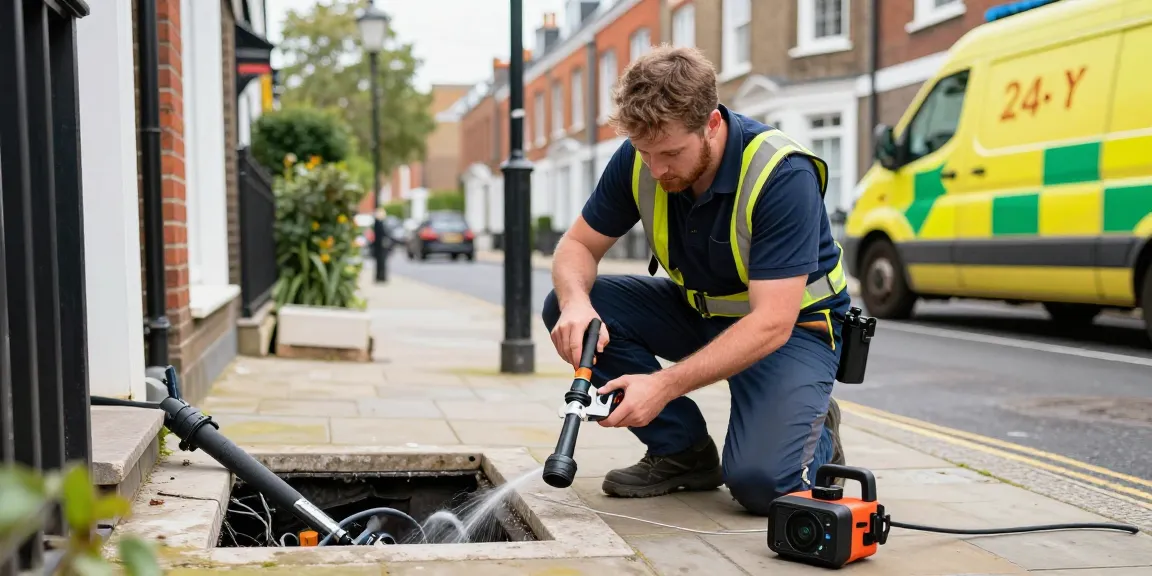 Drainage services in London by professional engineer inspecting drainage system with advanced tools in a residential area.