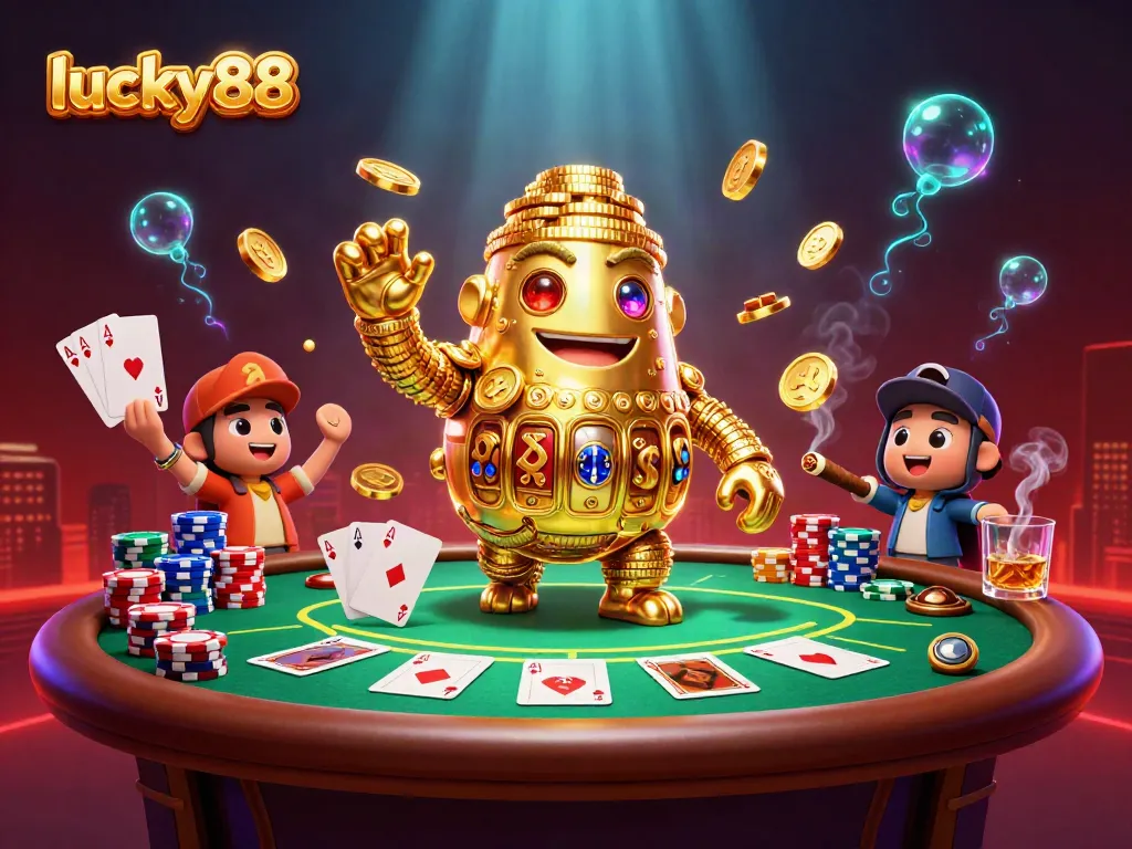 Experience engaging gameplay at lucky88 with a dynamic casino scene featuring a golden golem and poker elements.