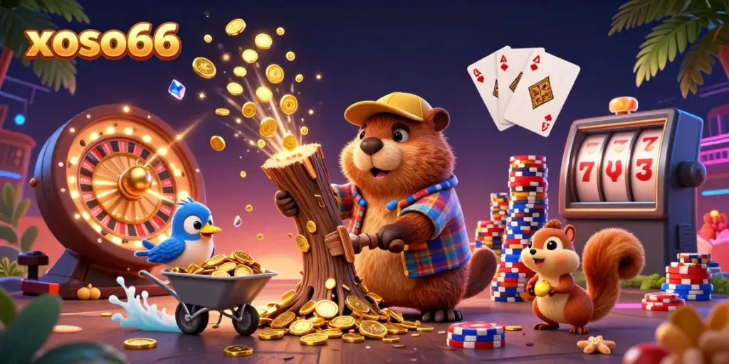 Experience exhilarating fun with xoso66 as a beaver chops trees raining golden coins, surrounded by lively casino elements.