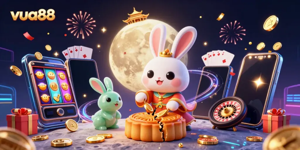 Play with vua88's lively 3D moon rabbit scene revealing poker chips and colorful slot games.