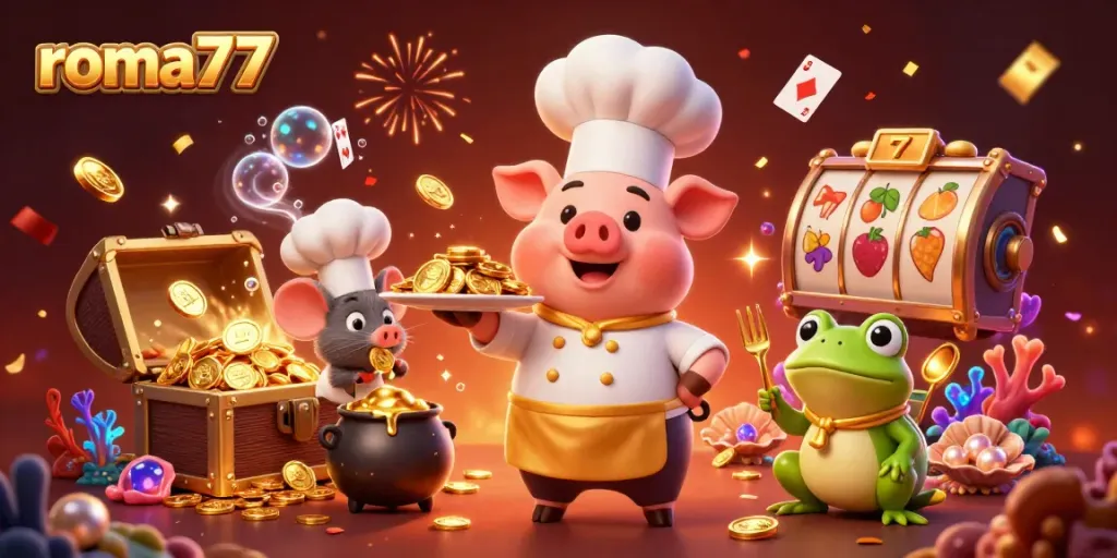 ROMA77 menghadirkan chef kartun menyajikan koin emas dan simbol slot untuk pemain.