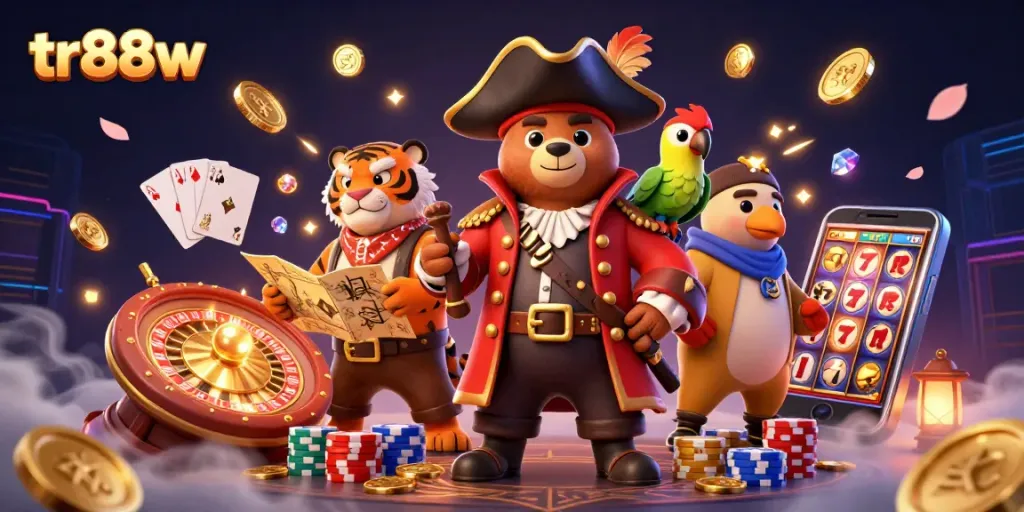 tr88w captivates gamblers with a vibrant scene of a pirate bear and tiger amidst casino treasures.