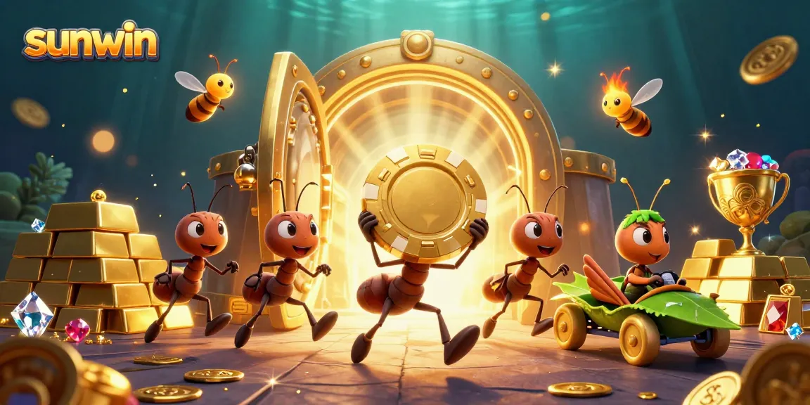 Watch sunwin ants running away with a giant poker chip in a vibrant casino heist scene.