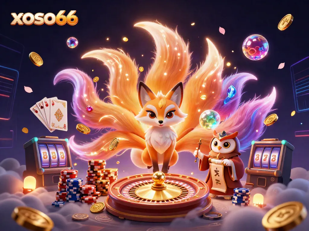 Xoso66's vibrant online casino realm showcases a glowing nine-tailed fox and a wise owl amidst a swirling treasure of gaming elements.