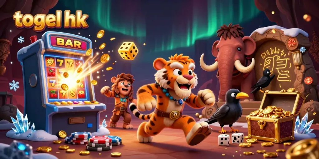 Experience thrilling togel hk action with a vibrant 3D illustration of a prehistoric casino