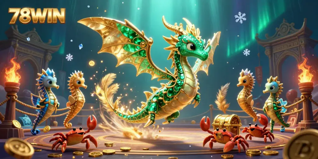 Experience thrilling gameplay with 78WIN's emerald sea dragon amidst captivating casino scenes.
