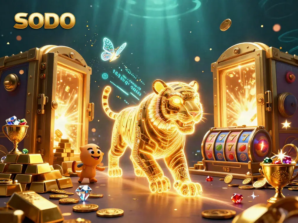 SODO illuminates the digital casino landscape as a neon tiger and holographic butterflies play amidst glittering jackpots and treasures.