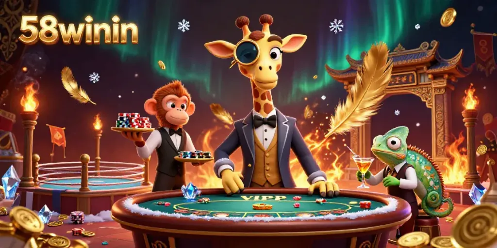 Experience excitement with 58winin at a lively poker table, featuring unique characters and vibrant casino elements.