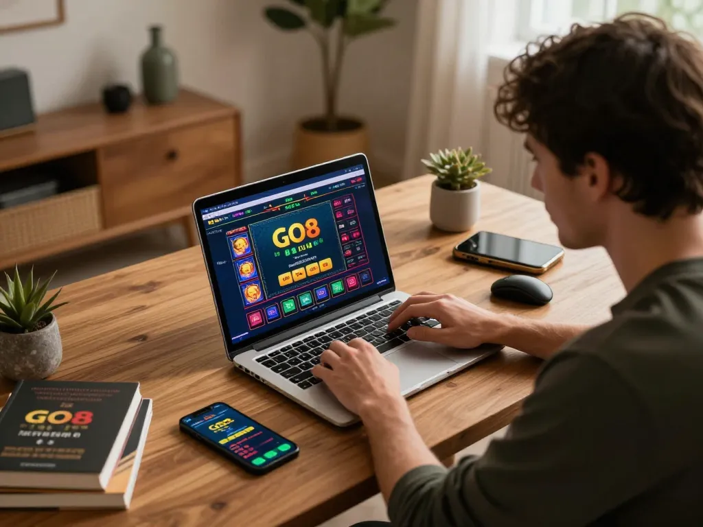 Engaging with the GO8 casino game on a vibrant laptop in a stylish home office.