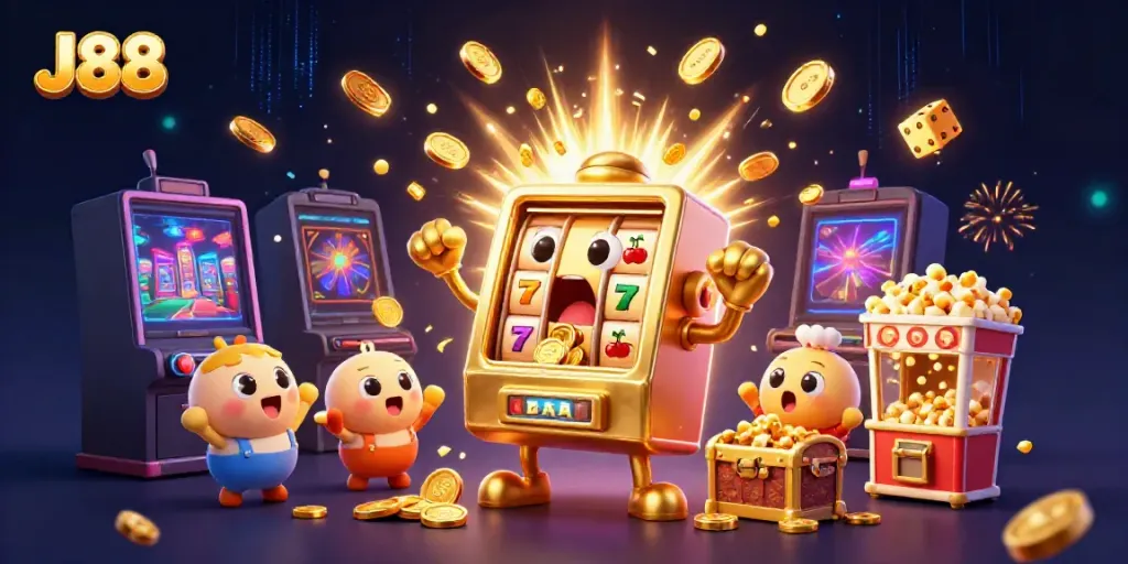 Experience J88's excitement as the golden slot machine hits a jackpot amidst colorful decorations.