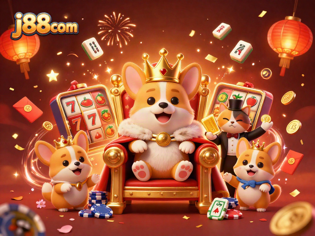 Engage in the vibrant world of j88com with 3D royal corgis celebrating on a throne of poker chips amidst dynamic casino elements.