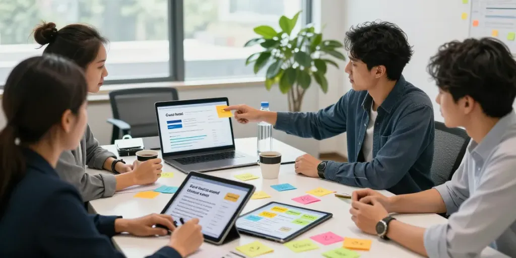 Team collaborating on guest post strategies in a bright office environment with analytics displayed on a laptop.