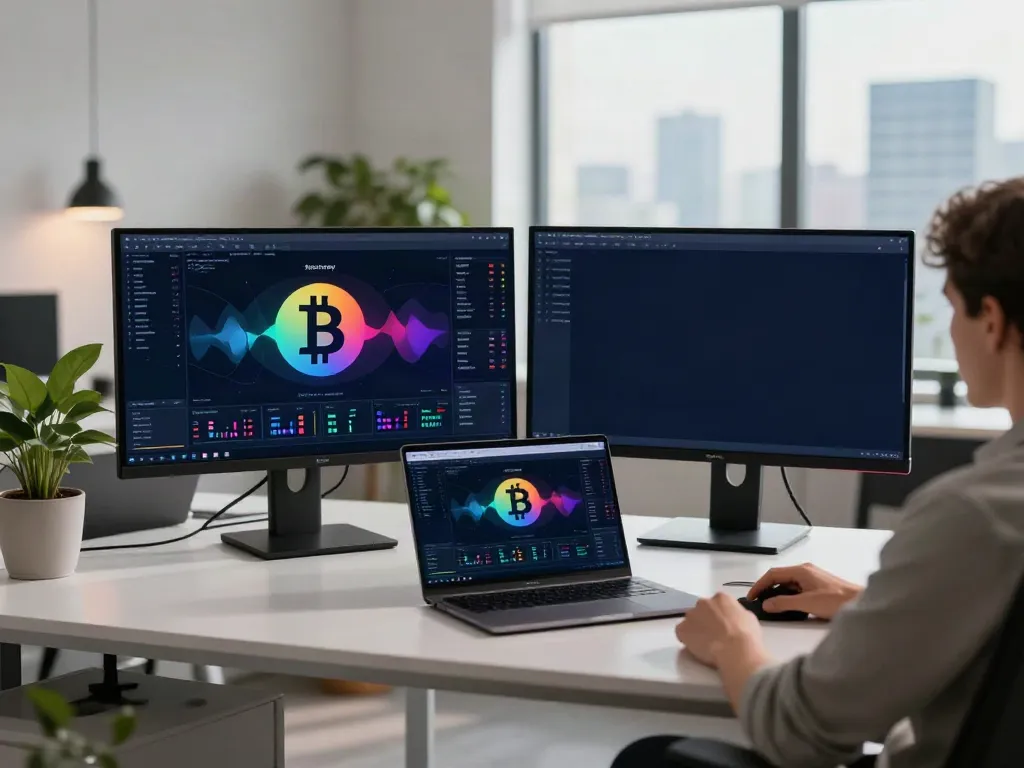 Blockchain asset recovery workspace with monitors showing crypto analytics and DeFi transactions.