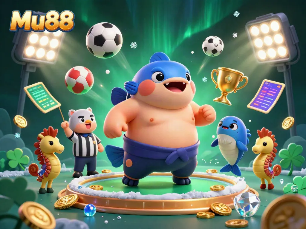 Mu88 showcases a lively underwater casino scene featuring a fugu, referee catfish, and cheering seahorses.