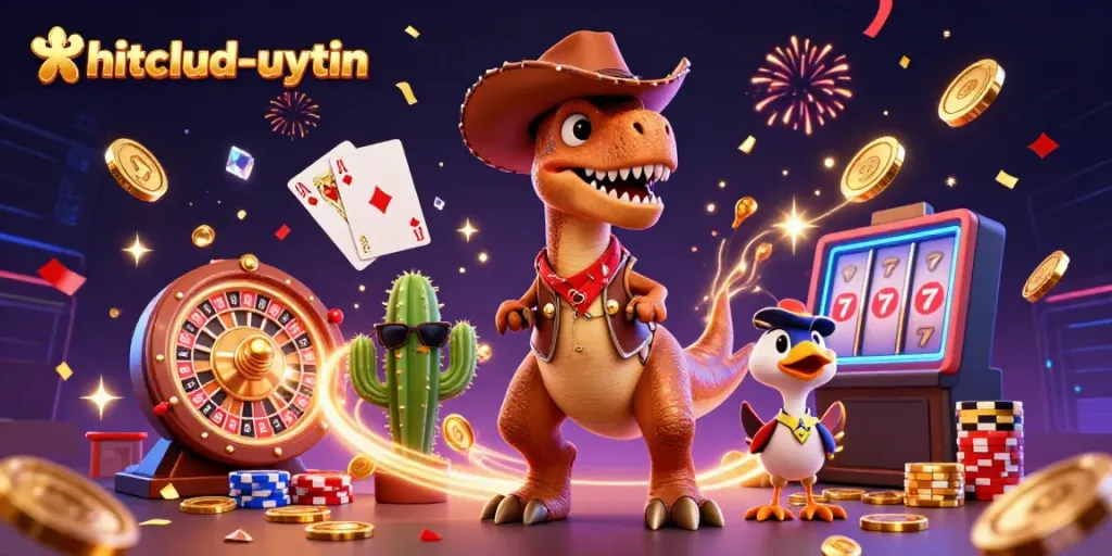 Experience the excitement of hitclub-uytin showcased through a lively, 3D casino scene featuring a cowboy T-Rex and companions.