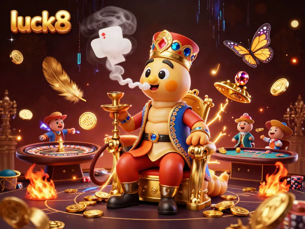 Engaging casino scene with luck8, featuring a lavish caterpillar master and poker symbols.