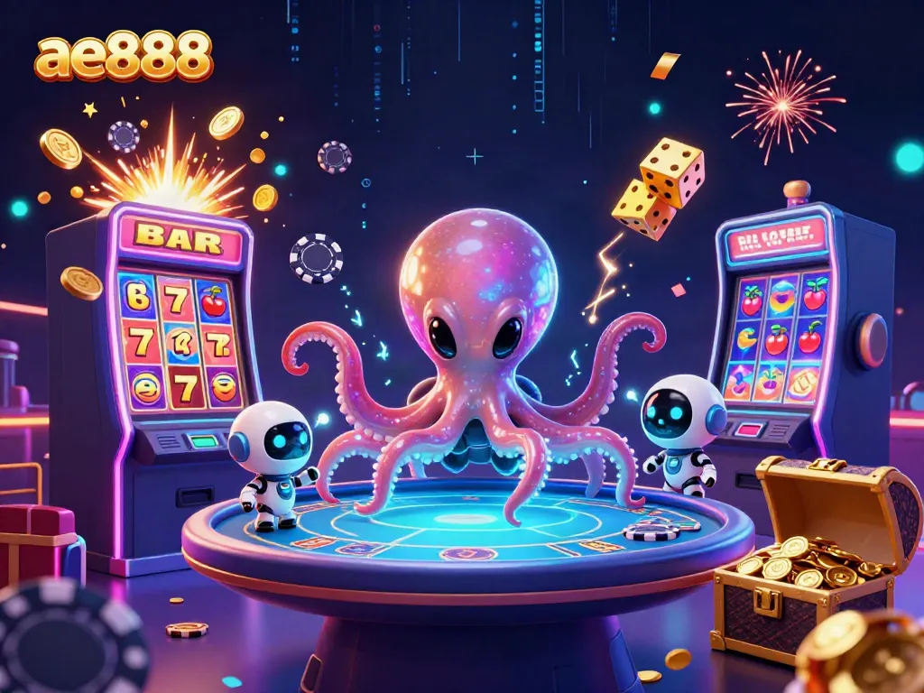 Join the fun with ae888 in a cosmic casino experience featuring an alien octopus and robot companion.