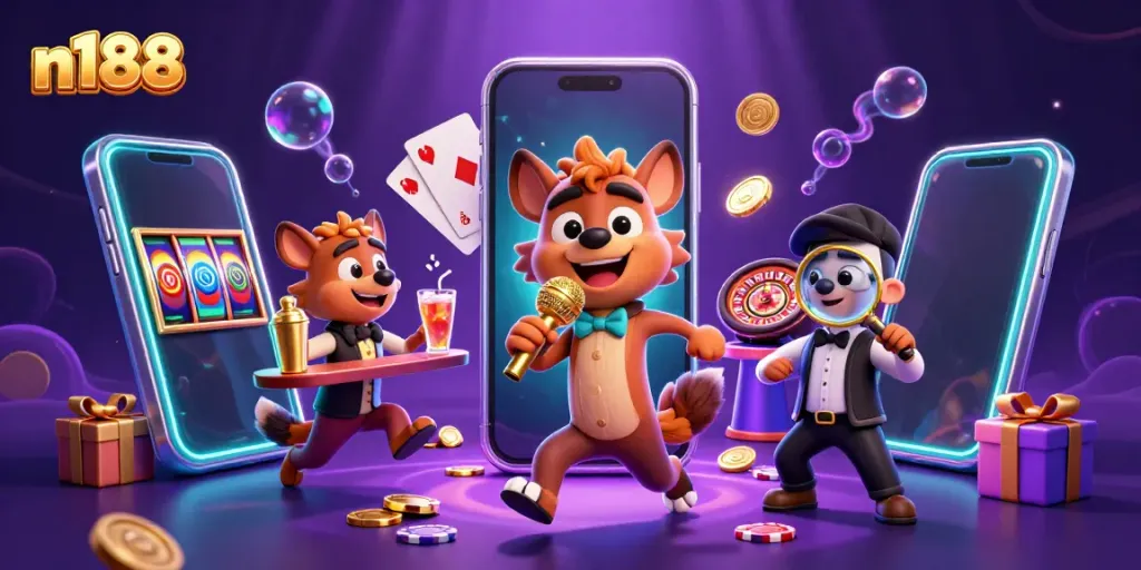 Engage with n188's vibrant casino scene featuring hyenas in action at their comedy club.