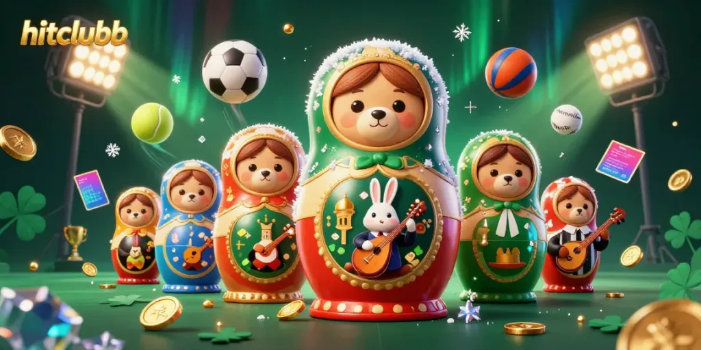 Experience the thrill of hitclubb with a vivid 3D illustration of bears in casino attire and dynamic sports elements.