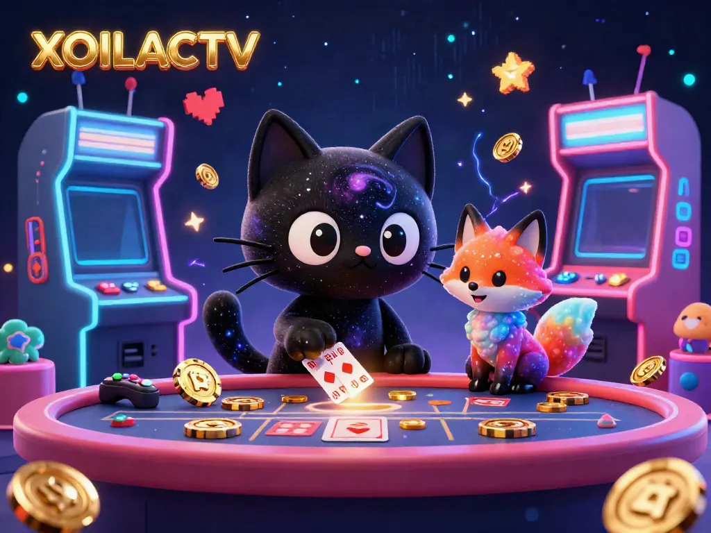 Experience the thrilling charm of XOILACTV with a cosmic gaming scene, featuring a black hole cat and colorful fox surrounded by casino elements.