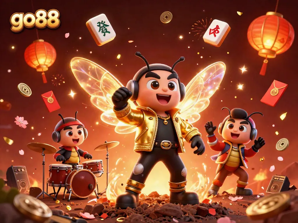 Trải nghiệm GO88 với hình ảnh sinh động của nhạc sĩ cúc cu và các biểu tượng may mắn.