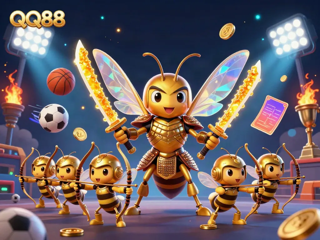 Experience thrilling sports betting at QQ88 with a 3D illustration of characters featuring unique elements.