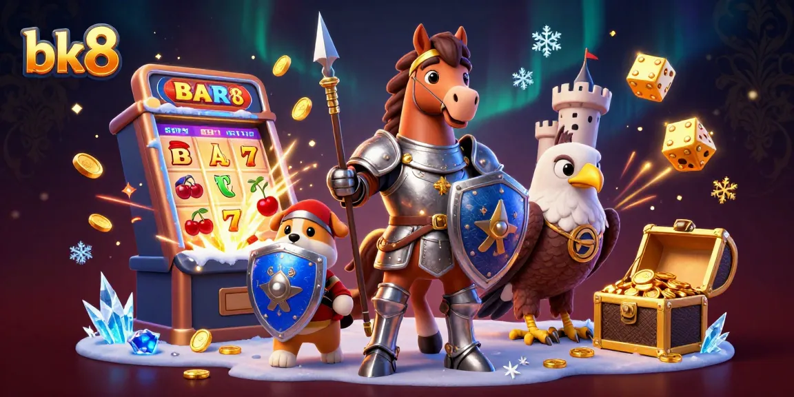 Spin to win at bk8 with a vibrant scene of medieval characters, jackpot machines, and dazzling casino effects.
