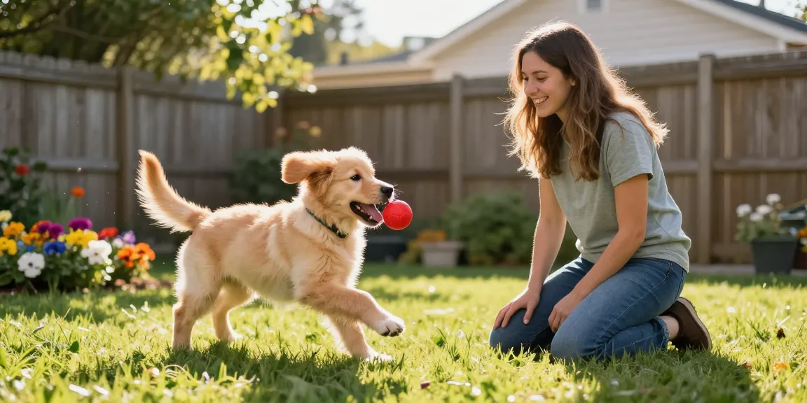 Puppy chasing a ball with owner in backyard, rokok88 playful moment.