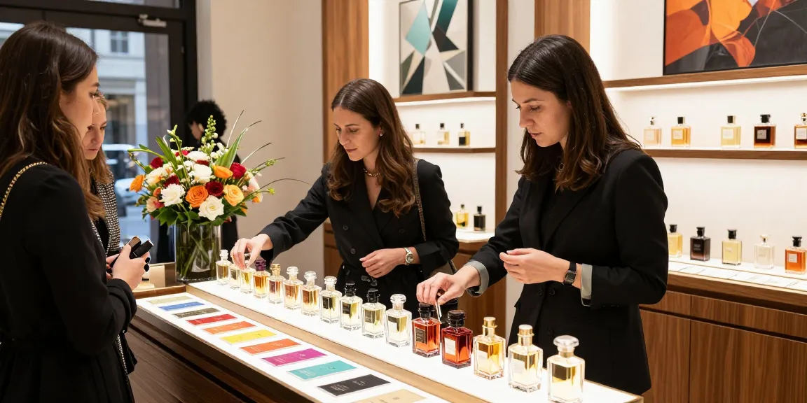 Exploring Goldfield & Banks luxury fragrances in an elegant boutique.