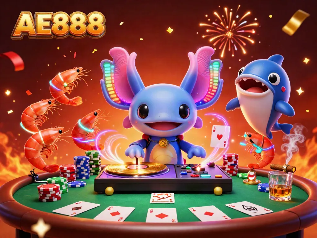 Join the vibrant AE888 casino scene with a neon axolotl DJ and dynamic gaming elements.
