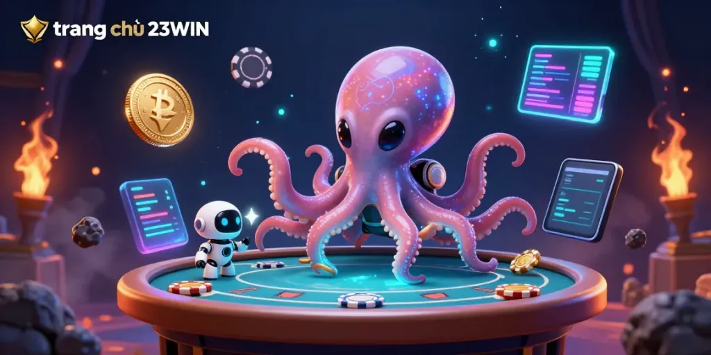 Engage with the thrilling experience of trang chủ 23WIN as an alien octopus masterfully deals cards on a holographic poker table.