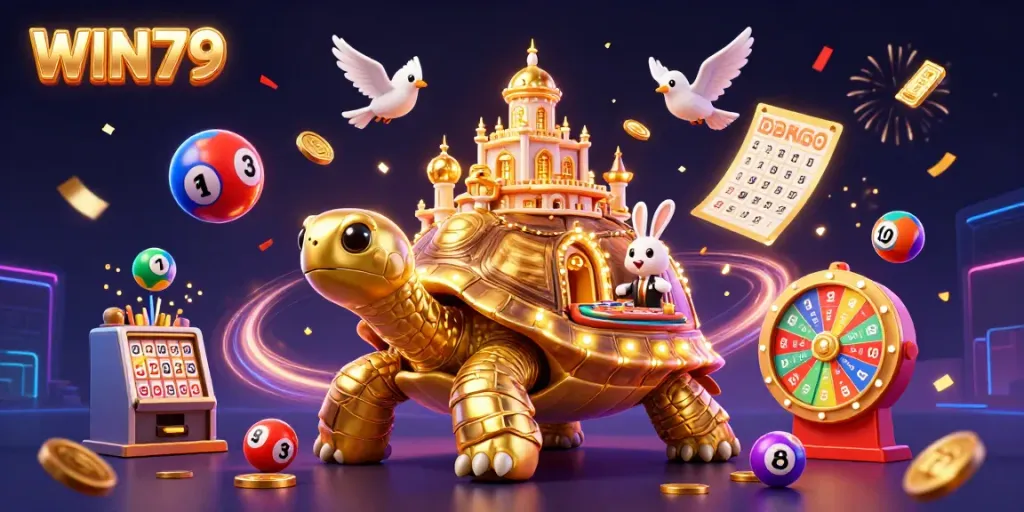 Experience thrilling excitement at WIN79 with a whimsical illustration of a giant tortoise casino.