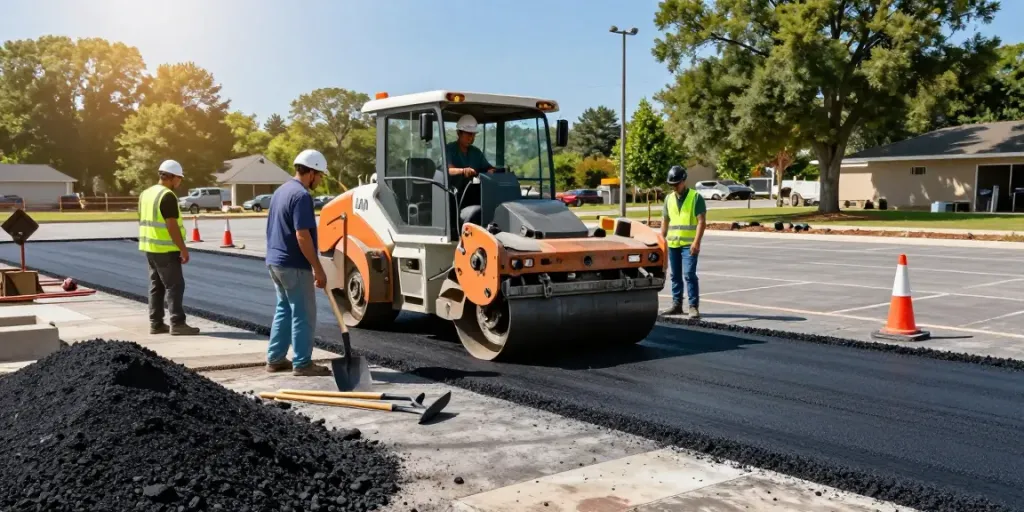 Workers from JAK Paving laying asphalt on a construction site, showcasing quality paving services.