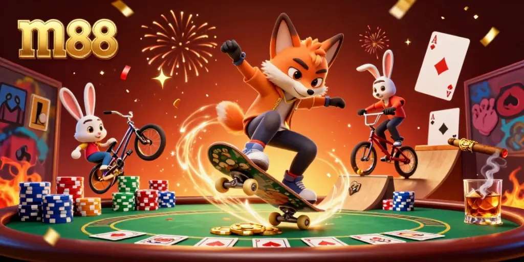 Experience the thrill of m88 with energetic fox and rabbit characters in a vibrant casino setting.