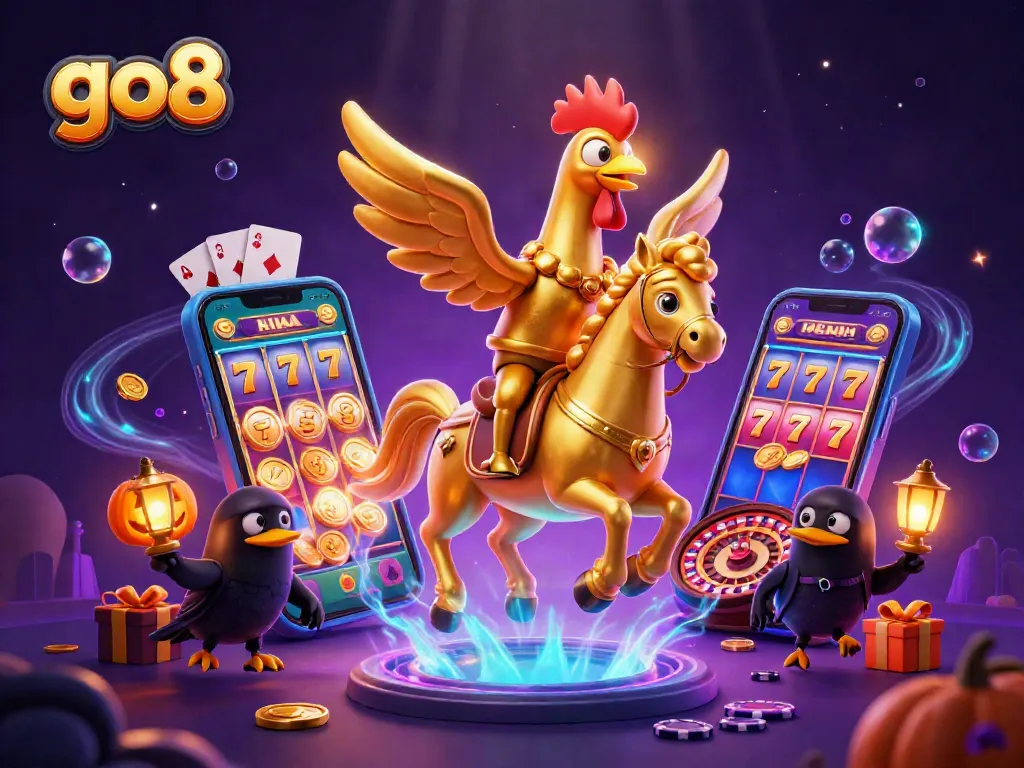 Engage in vibrant slots action with go8's casino adventure featuring golden rooster and crow companions.