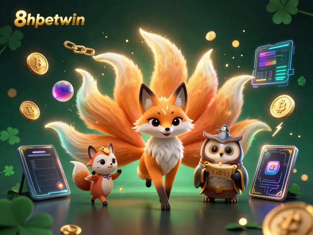 Experience the thrill of 8xbetwin with a vibrant casino-inspired 3D illustration featuring a spirit fox and sage.