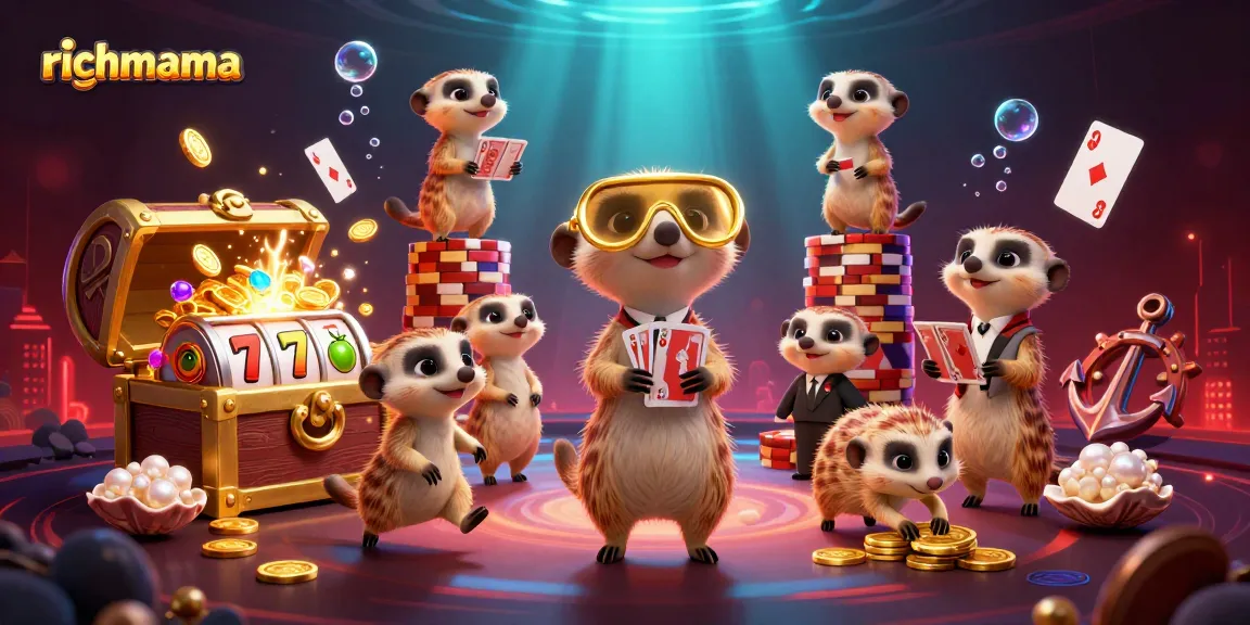 Action-packed illustration of the richmama casino run by vivid meerkats managing slots and achieving gold wins.