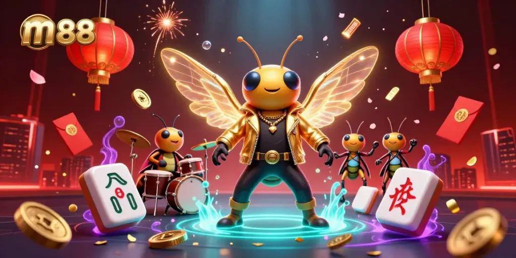 Experience the excitement of m88's vibrant casino scene with a cicada rock star and dynamic game elements.